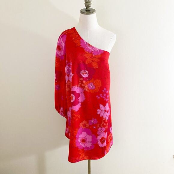 Trina Turk Red/Pink Floral Print One Shoulder Dress Women's Sz 14 100% Polyester - Picture 8 of 9